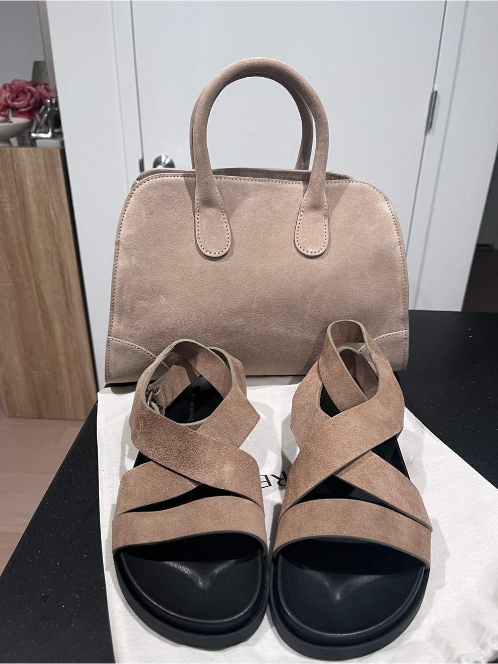 Taupe Suede Dome Handbag and Crisscross Sandals Set